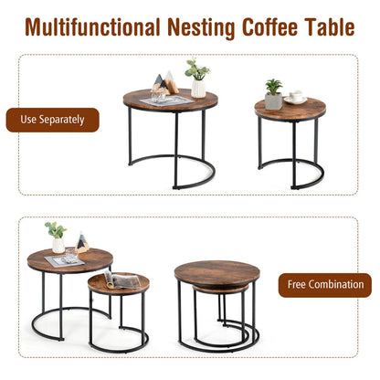 Set of 2 Round Nesting Coffee Table with Wooden Tabletop & Powder-coated Steel Frame for Living Room