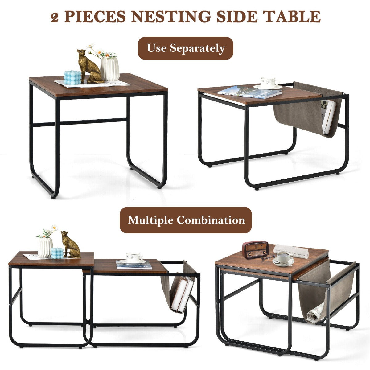 Costway 2 Pieces Modern Industrial Nesting Coffee Table Set