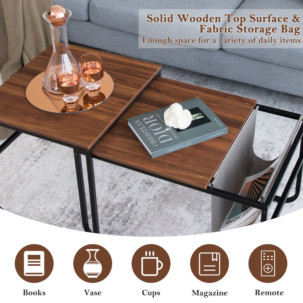 Costway 2 Pieces Modern Industrial Nesting Coffee Table Set