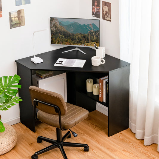 Black Corner Computer Desk with Management Hole for Home Office