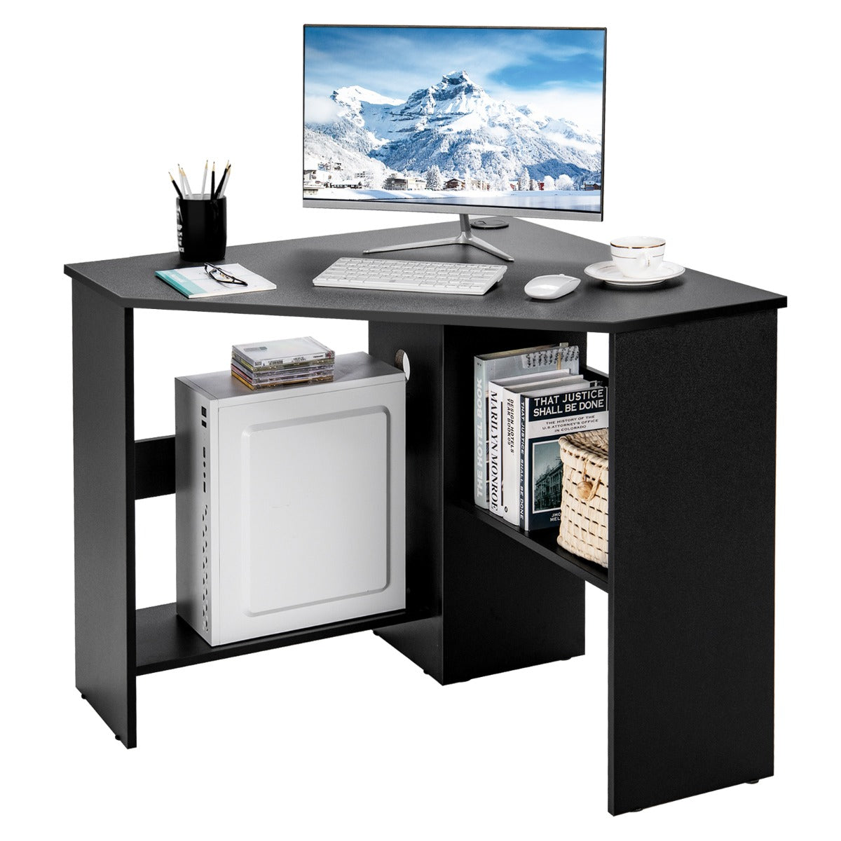 Black Corner Computer Desk with Management Hole for Home Office