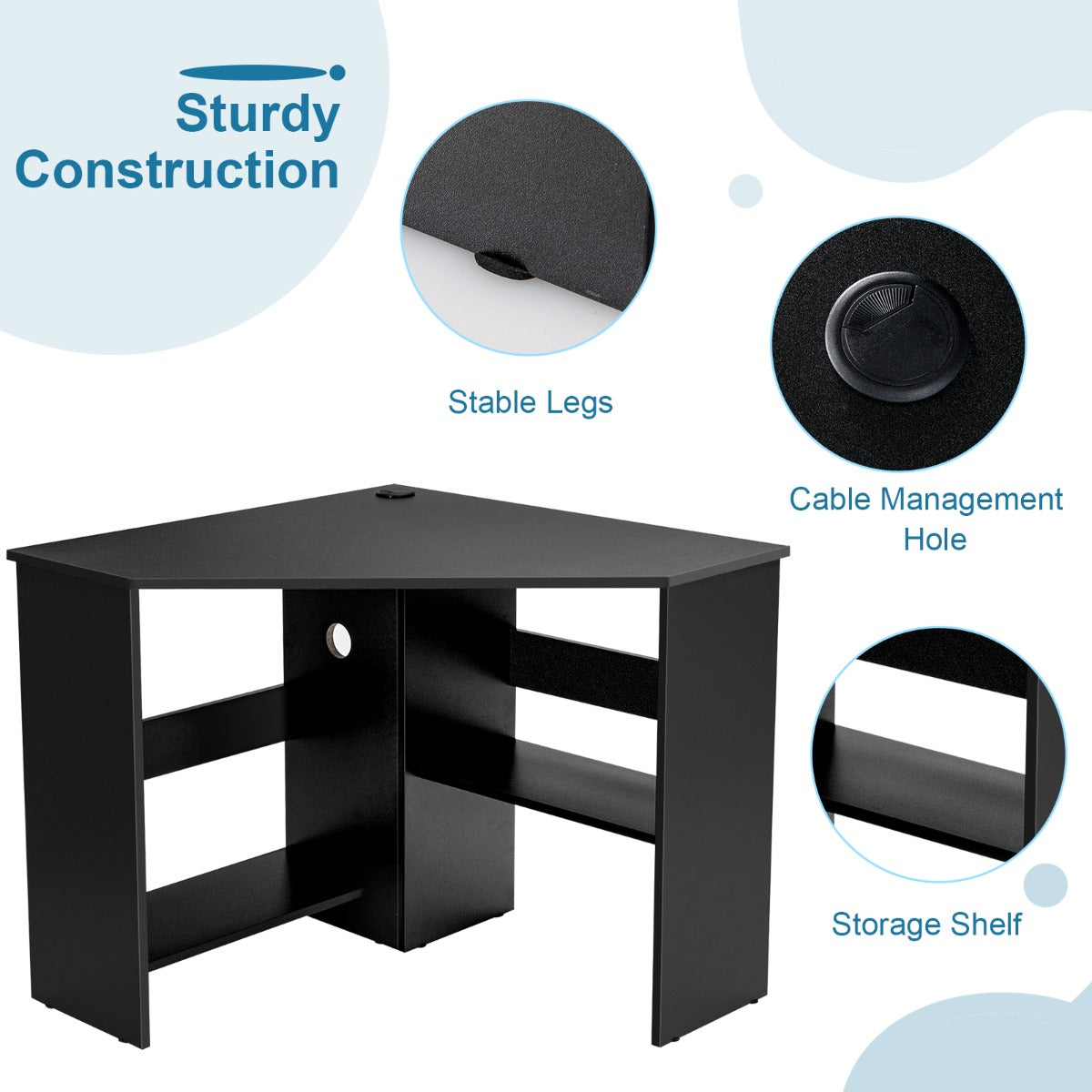 Black Corner Computer Desk with Management Hole for Home Office
