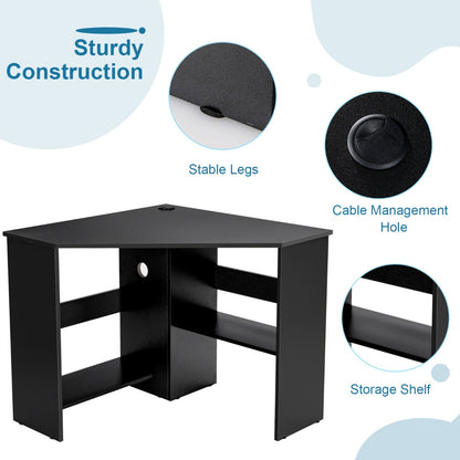 Black Corner Computer Desk with Management Hole for Home Office