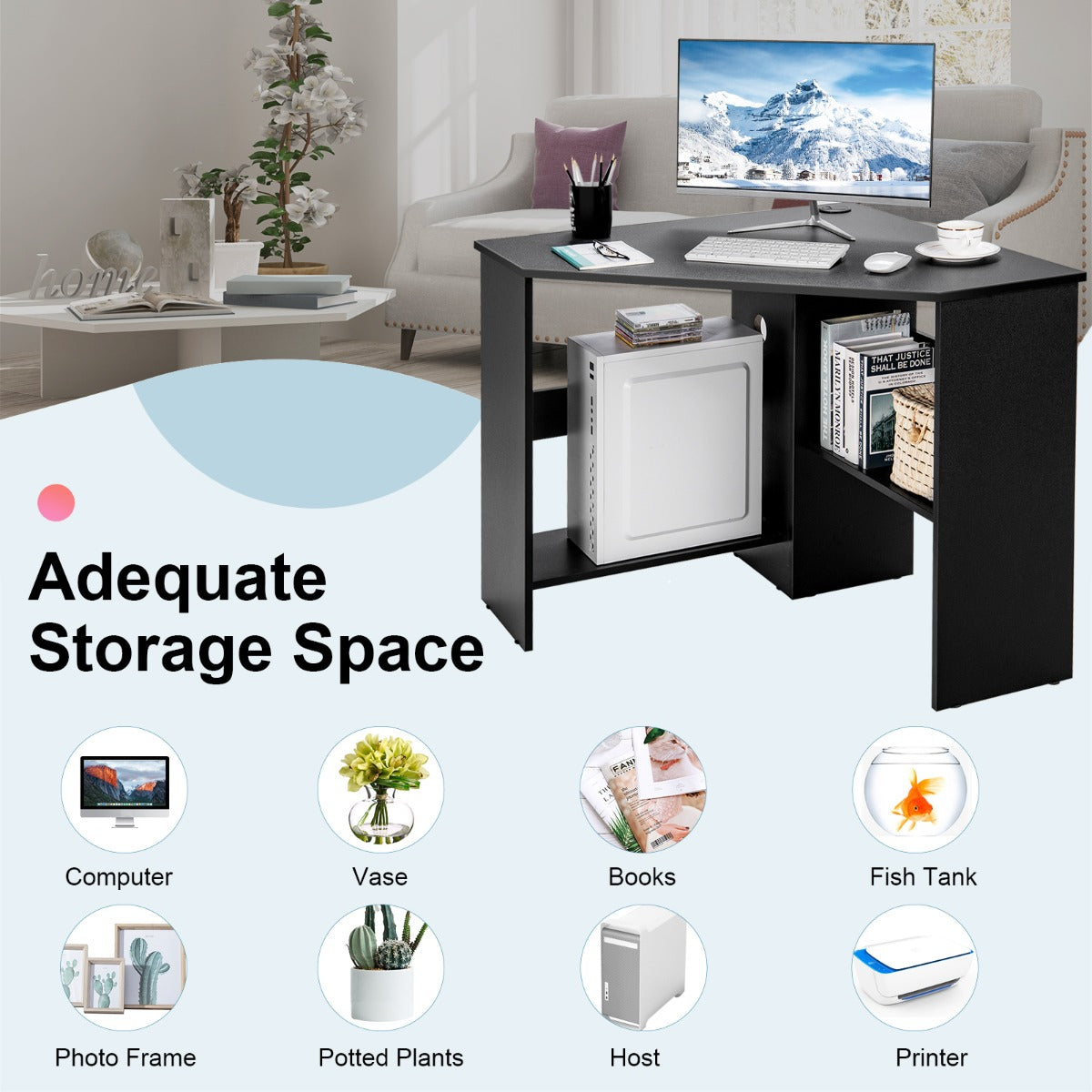 Black Corner Computer Desk with Management Hole for Home Office