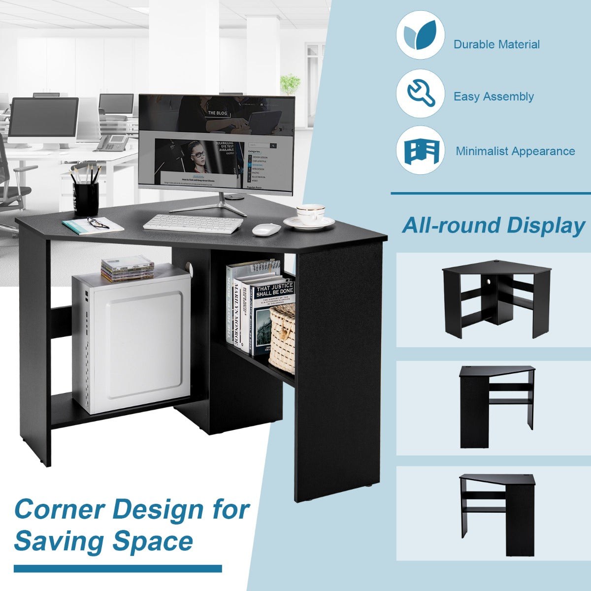 Black Corner Computer Desk with Management Hole for Home Office
