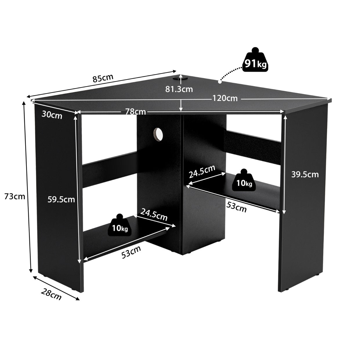 Black Corner Computer Desk with Management Hole for Home Office