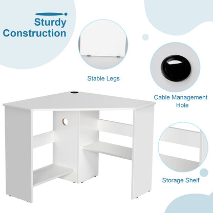 White Corner Computer Desk with Management Hole for Home Office