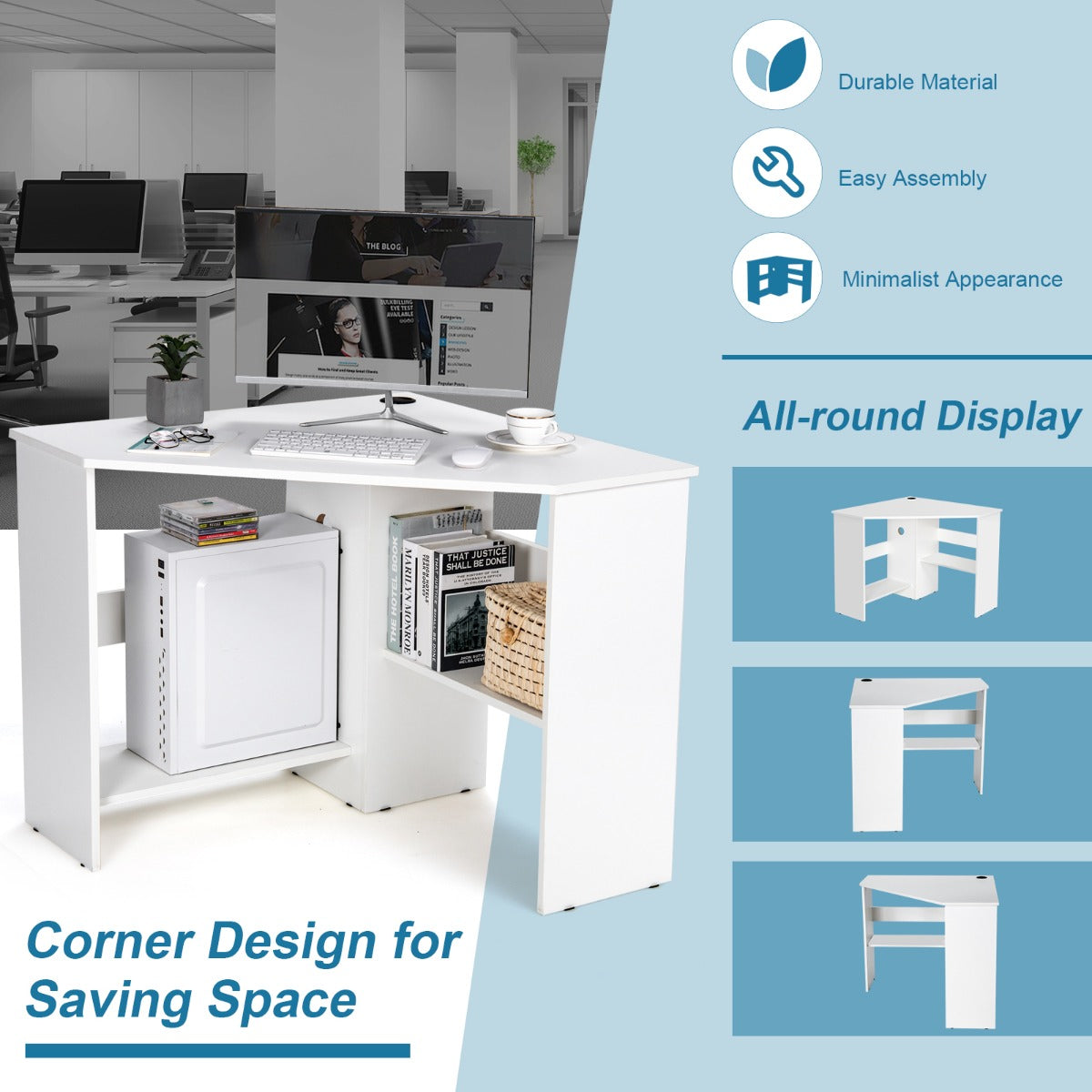 White Corner Computer Desk with Management Hole for Home Office