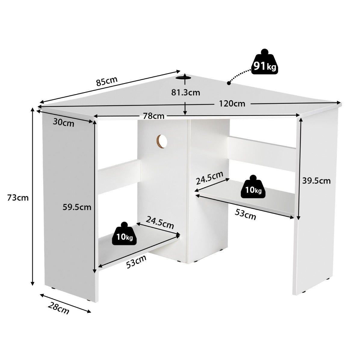 White Corner Computer Desk with Management Hole for Home Office