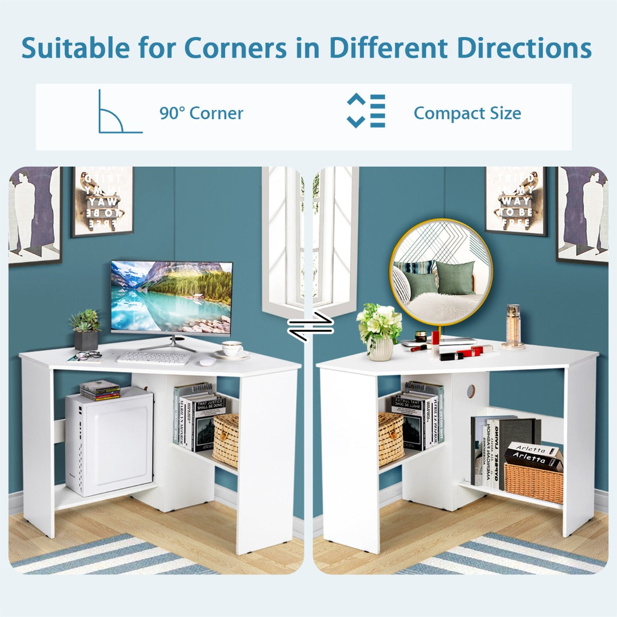 White Corner Computer Desk with Management Hole for Home Office