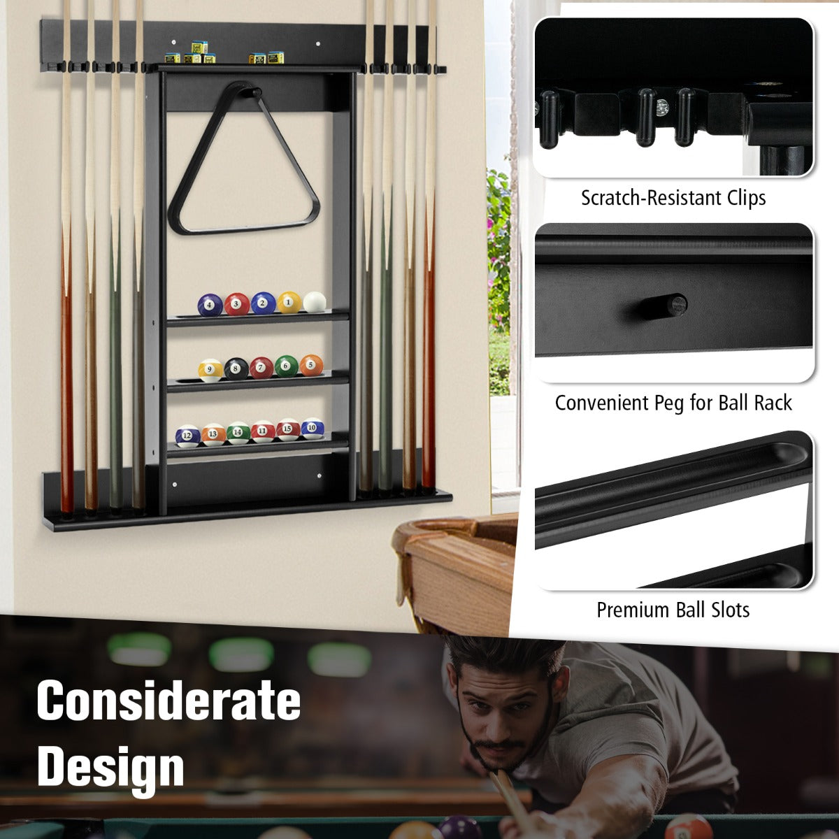 Wall Mounted Billiard Stick Holder for Club/Bar-Black