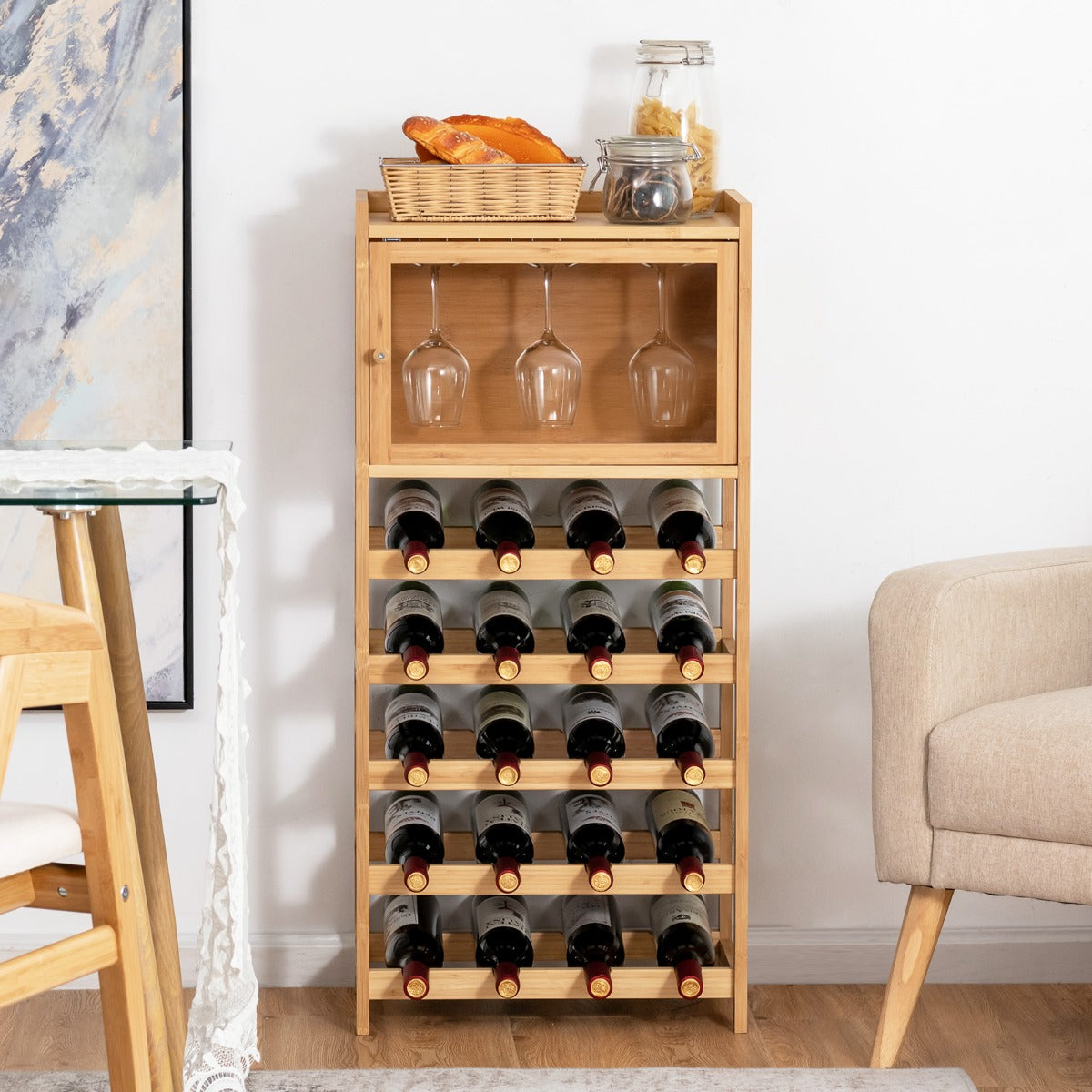 Bamboo wine cabinet includes an upper cupboard with framed transparent acrylic display door