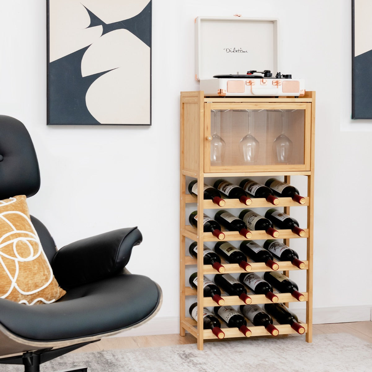 Wine storage shelf offers a 30 kg capacity top and 20 kg cupboard for reliable organization