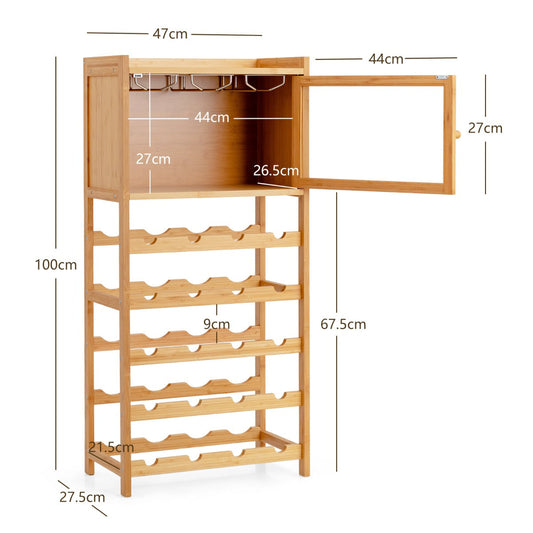 Natural bamboo wine storage shelf holds 20 bottles with five slotted bars for organized wine display
