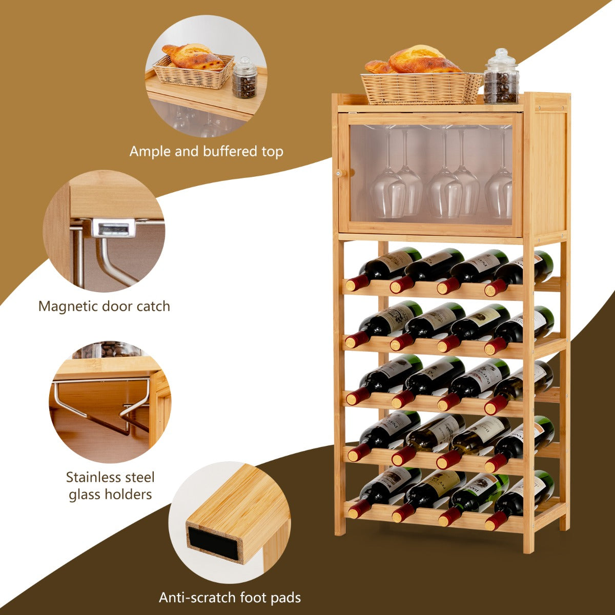 Slim floor wine cabinet saves space while adding pastoral style to kitchens, pantries, and living rooms