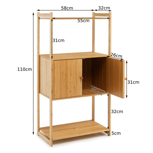 Tall bamboo bathroom floor cabinet with three open shelves and a two-door enclosed storage cupboard