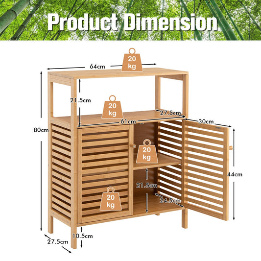 Bamboo bathroom storage cabinet with louvred door, removable shelf, tabletop, and open storage