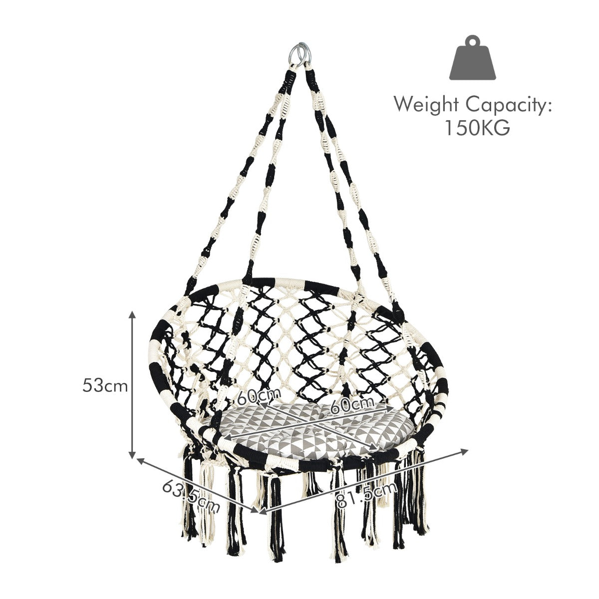 Black and white hammock chair with soft cushion, macrame rope design, and sturdy steel frame