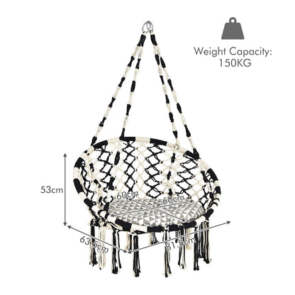 Black and white hammock chair with soft cushion, macrame rope design, and sturdy steel frame