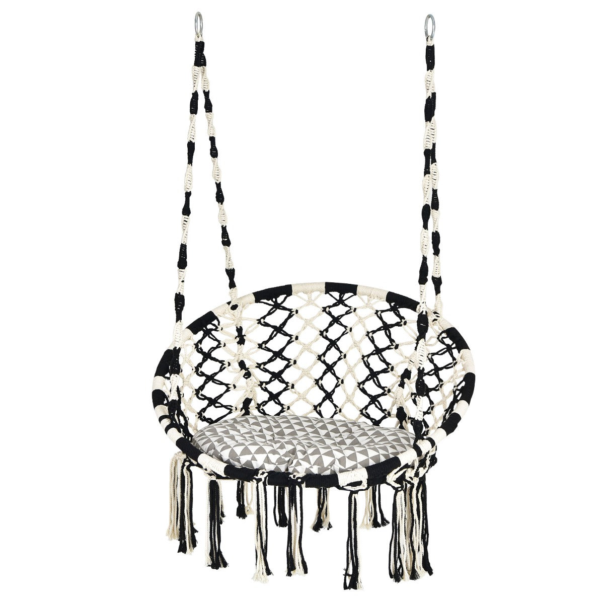 Bohemian hanging chair creates a cozy indoor or outdoor retreat for reading, relaxing, and napping