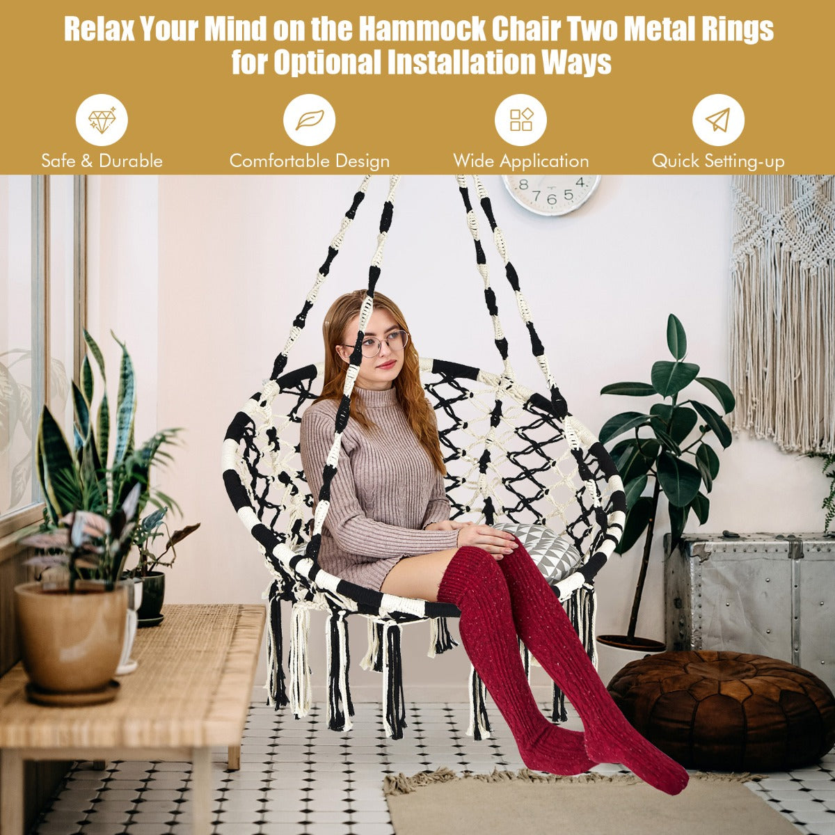 Heavy-duty hammock swing supports up to 150kg with reinforced cotton ropes and steel construction