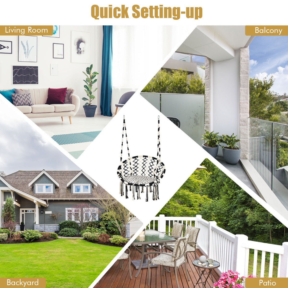 Black and white hanging hammock chair offers a relaxing seat for reading, sunbathing, or watching TV