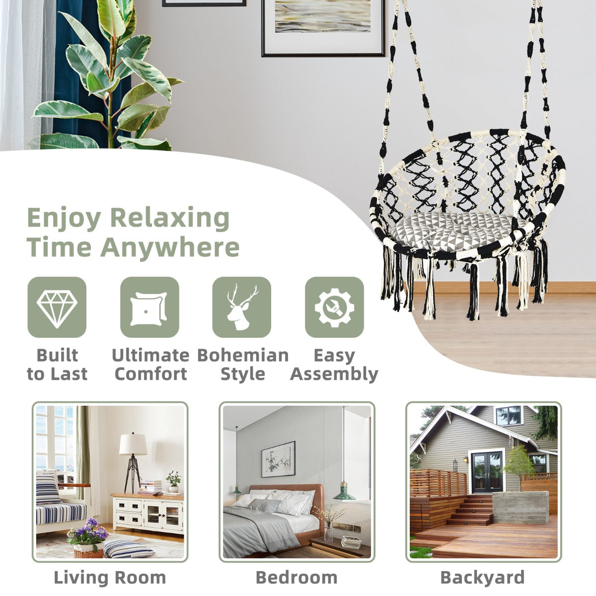 Hammock Chair with C-shaped Chair Stand for Indoor and Outdoor Use