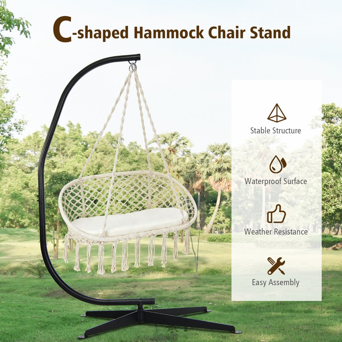 2-Seat Hammock Chair with C-shaped Chair Stand & Cushion