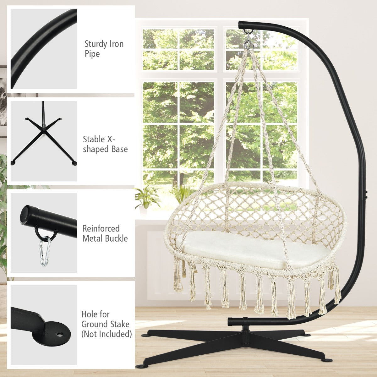 2-Seat Hammock Chair with C-shaped Chair Stand & Cushion