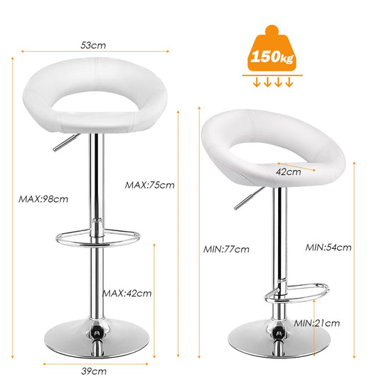 Set of two adjustable bar stools with 360-degree swivel seats and steel frames for home counters and restaurants