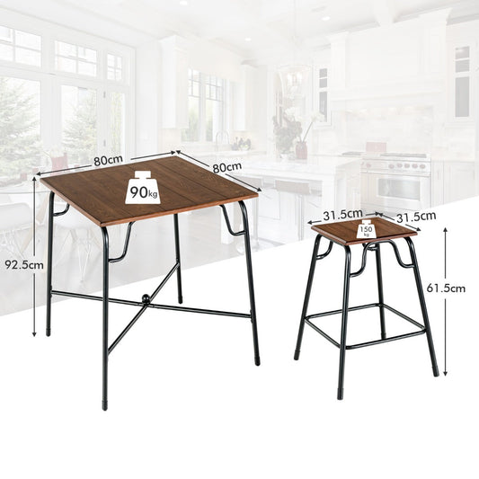 Five-piece bar table set with rustic brown square tabletop and four comfortable backless stools