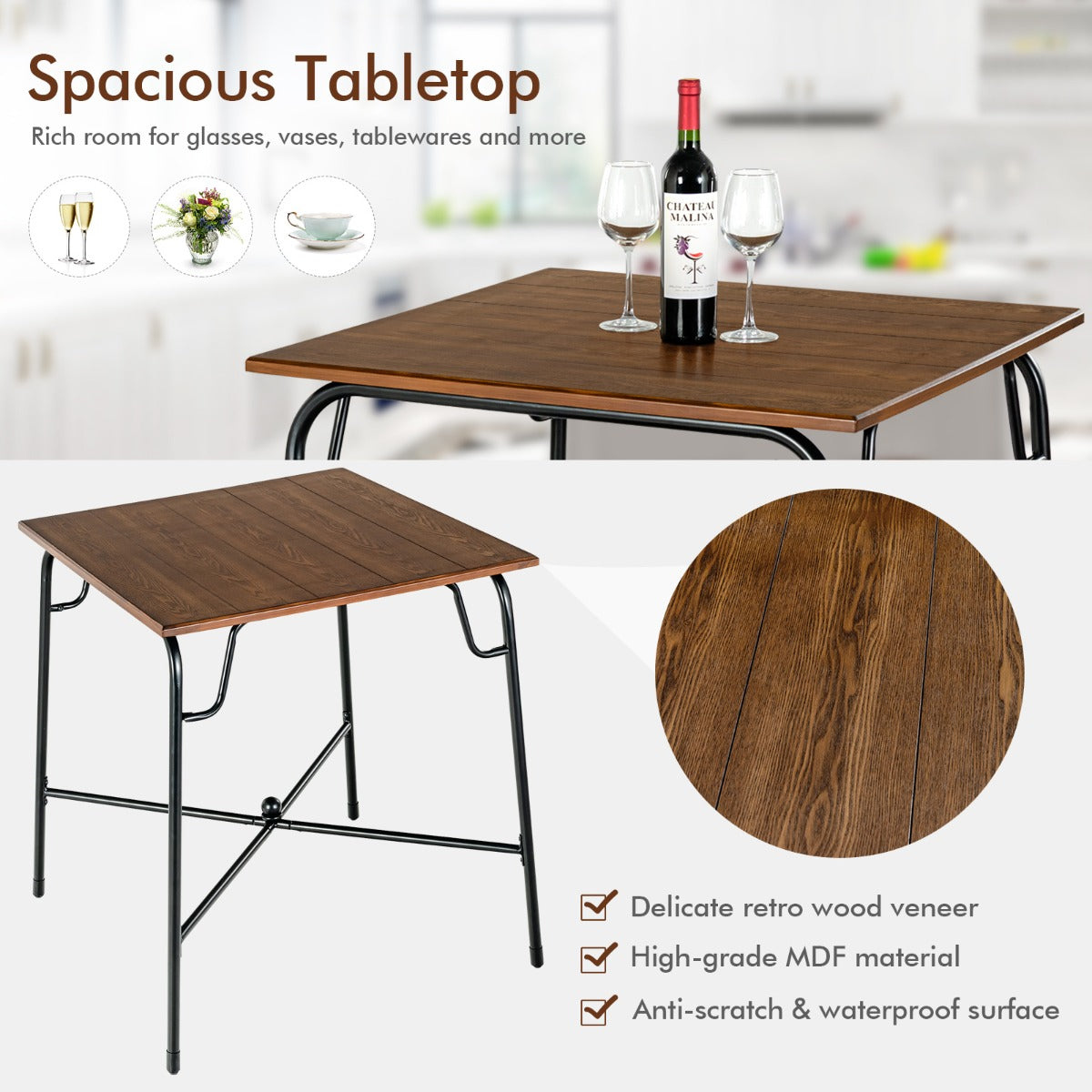Easy-assembly pub table furniture set is suitable for kitchens, cafes, bars, and breakfast nooks