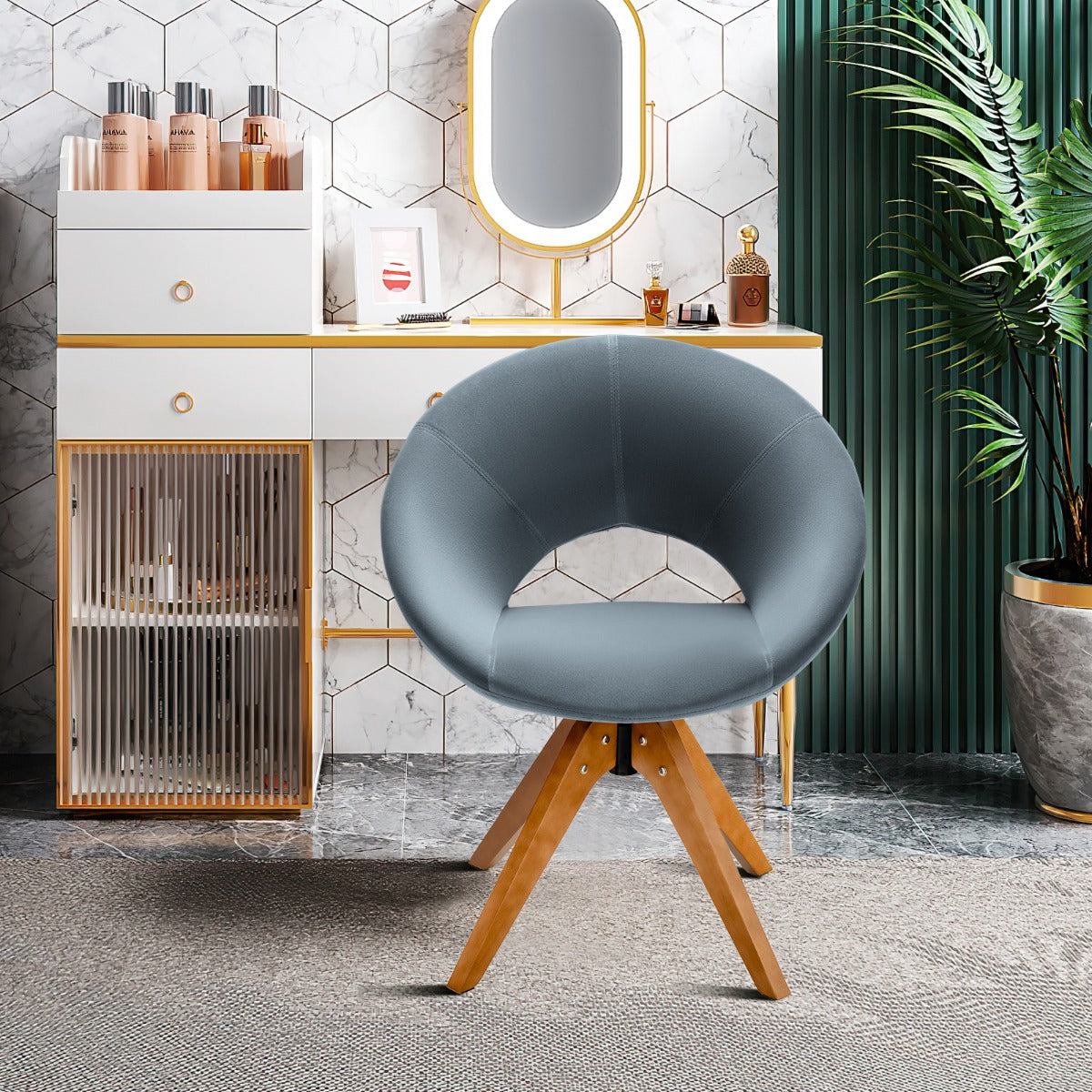 Costway Mid Century Swivel Accent Chair with Oversized Upholstered Seat for Living Room/Office/ Bedroom-Grey