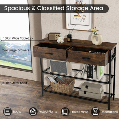 100cm Console Table with 2 Drawers &amp; 2-Tier Shelves &amp; Anti-Toppling Design-Brown
