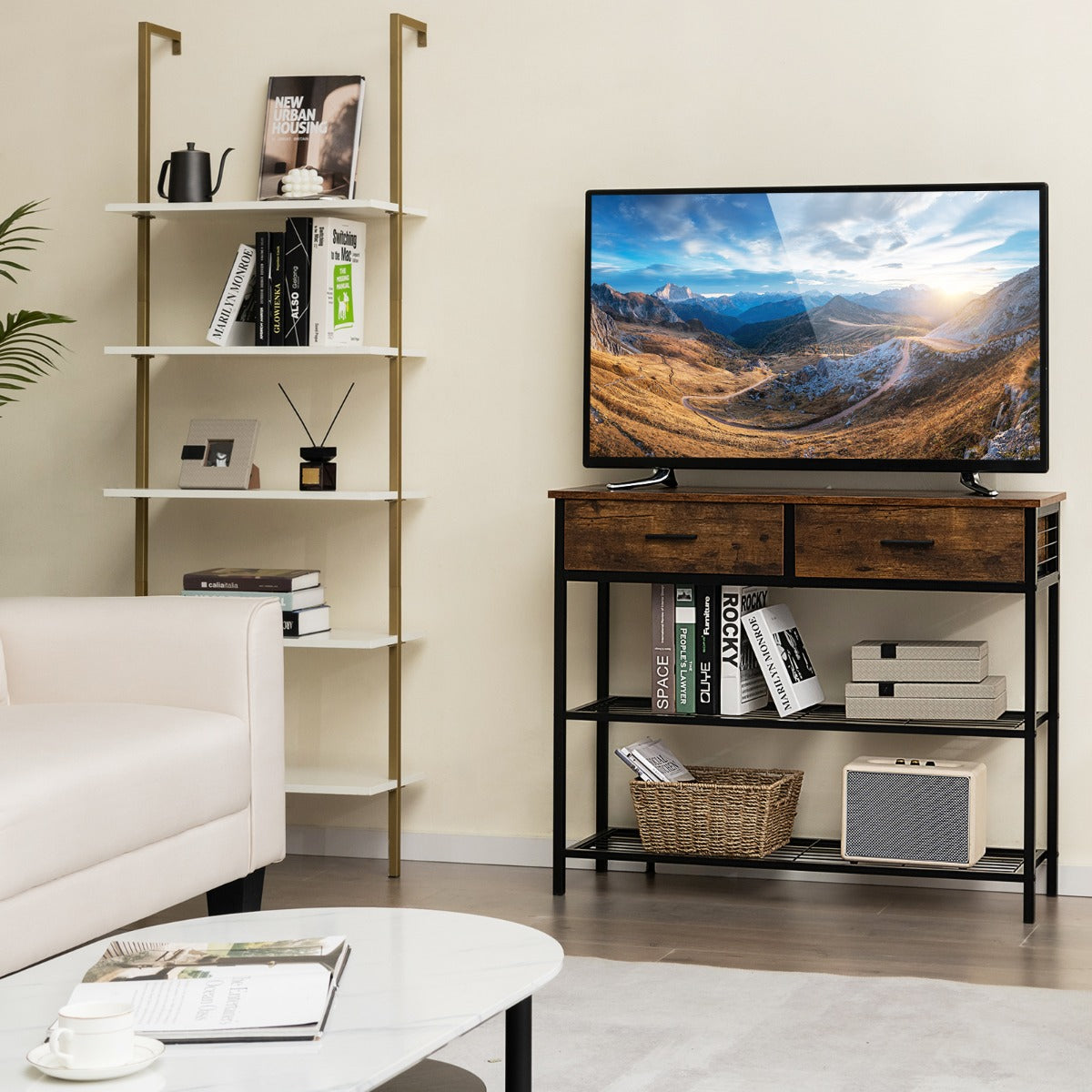 100cm Console Table with 2 Drawers &amp; 2-Tier Shelves &amp; Anti-Toppling Design-Brown