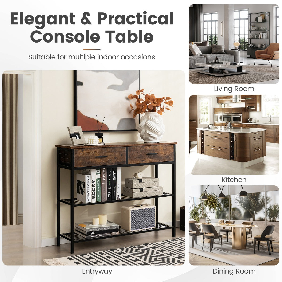 100cm Console Table with 2 Drawers &amp; 2-Tier Shelves &amp; Anti-Toppling Design-Brown