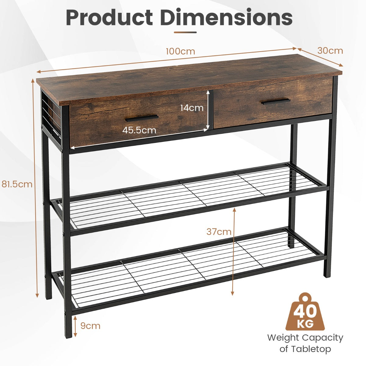 100cm Console Table with 2 Drawers &amp; 2-Tier Shelves &amp; Anti-Toppling Design-Brown