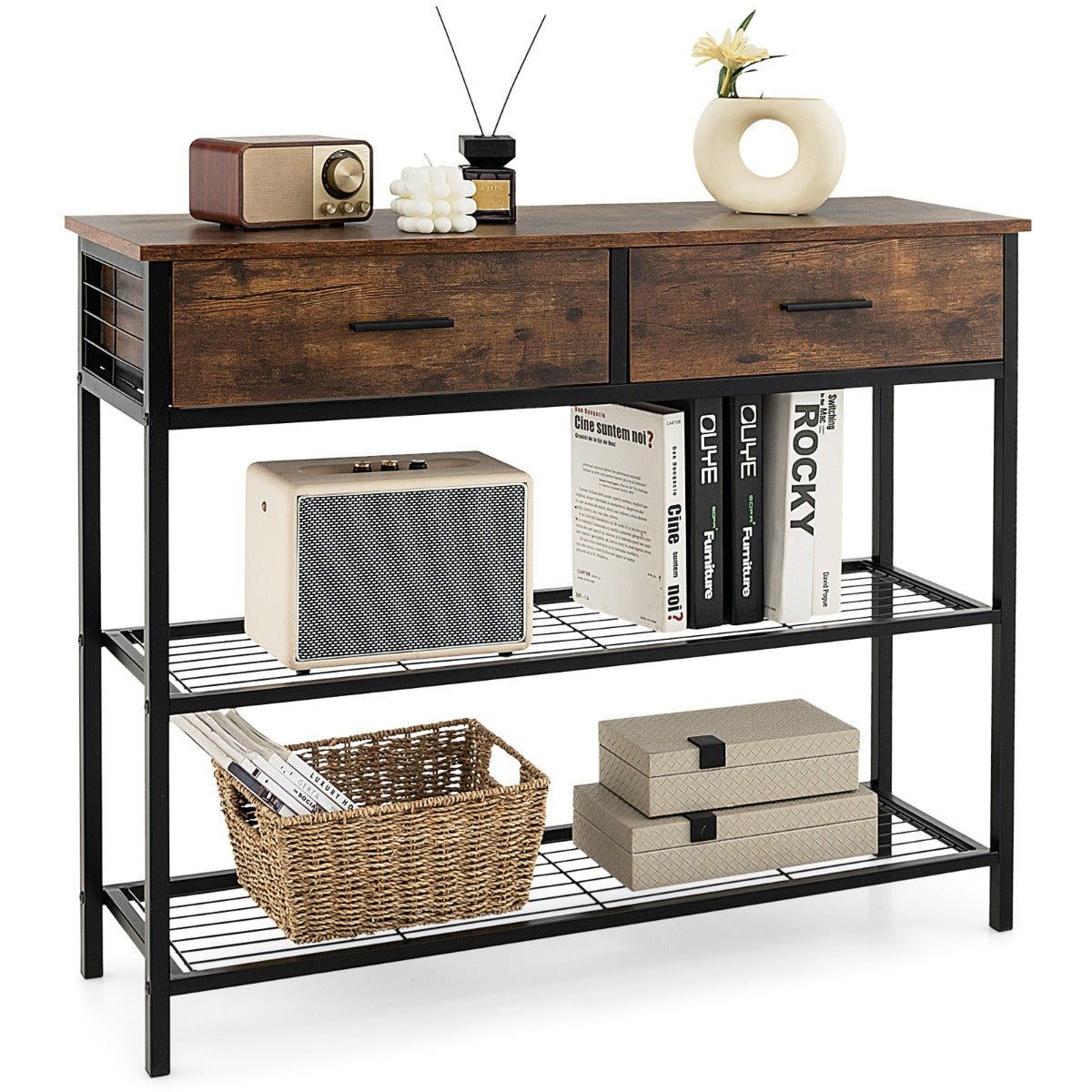 100cm Console Table with 2 Drawers &amp; 2-Tier Shelves &amp; Anti-Toppling Design-Brown