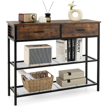 100cm Console Table with 2 Drawers &amp; 2-Tier Shelves &amp; Anti-Toppling Design-Brown