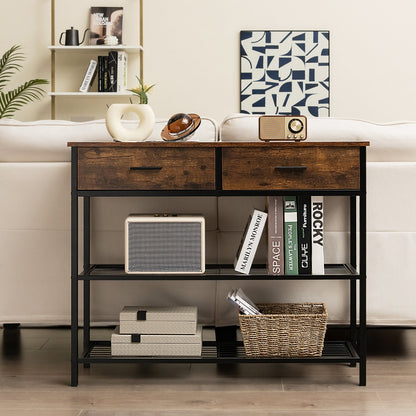 100cm Console Table with 2 Drawers &amp; 2-Tier Shelves &amp; Anti-Toppling Design-Brown