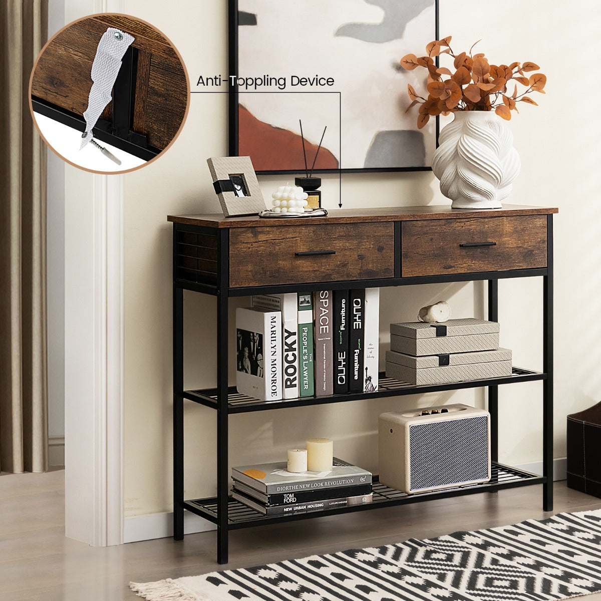 100cm Console Table with 2 Drawers &amp; 2-Tier Shelves &amp; Anti-Toppling Design-Brown