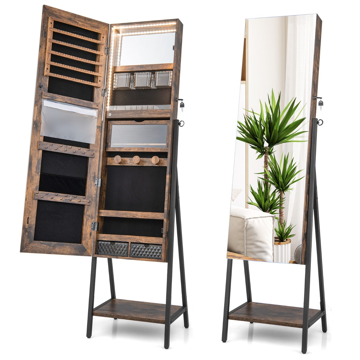 Lockable Floor Jewelry Cabinet with Full-Length Mirror &amp; LED Lights-Brown