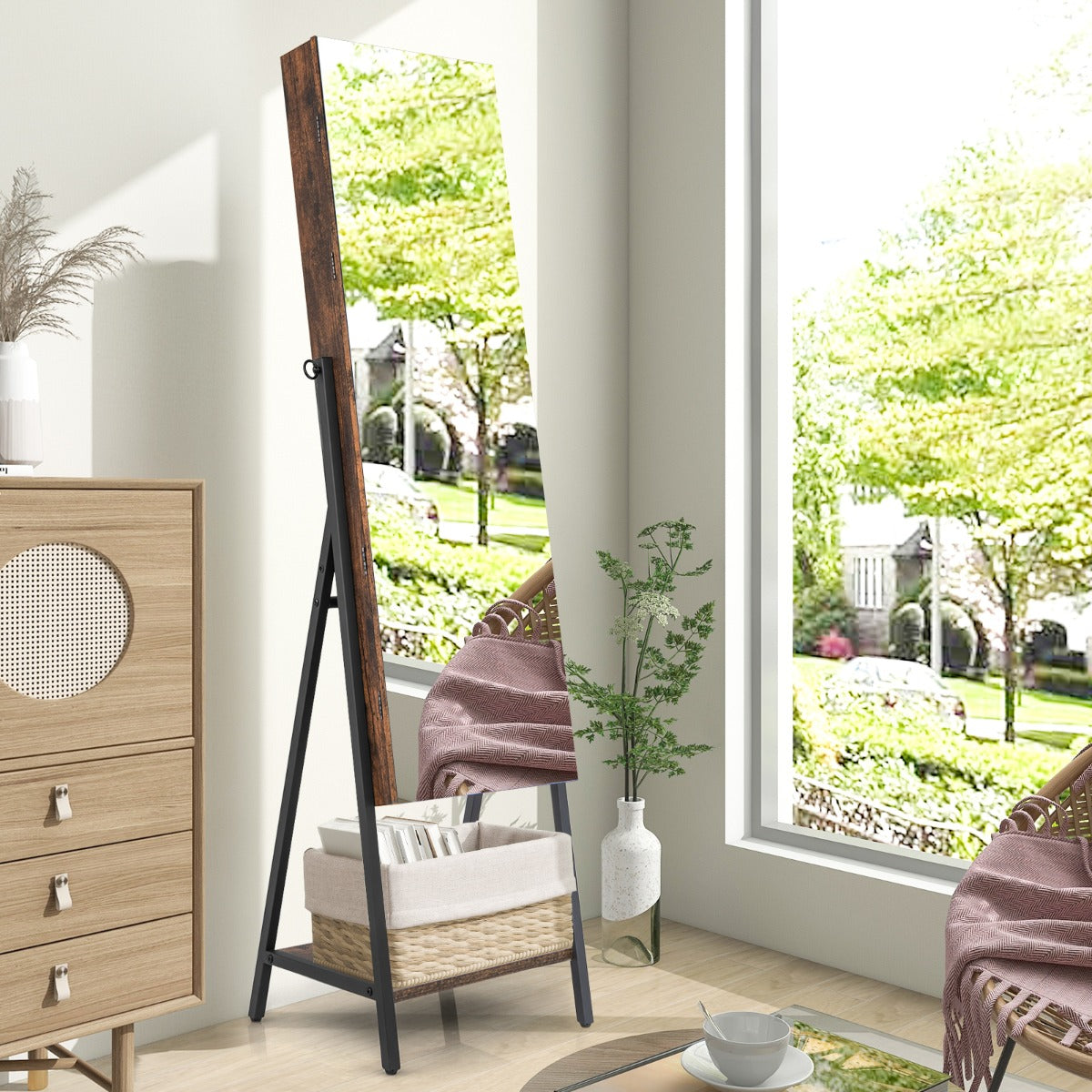 Lockable Floor Jewelry Cabinet with Full-Length Mirror &amp; LED Lights-Brown