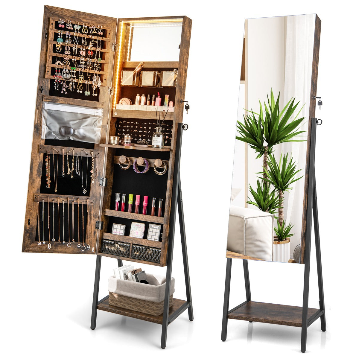 Lockable Floor Jewelry Cabinet with Full-Length Mirror &amp; LED Lights-Brown