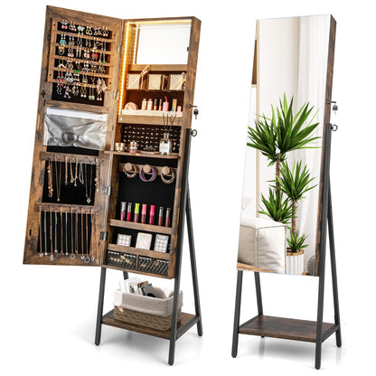 Lockable Floor Jewelry Cabinet with Full-Length Mirror &amp; LED Lights-Brown