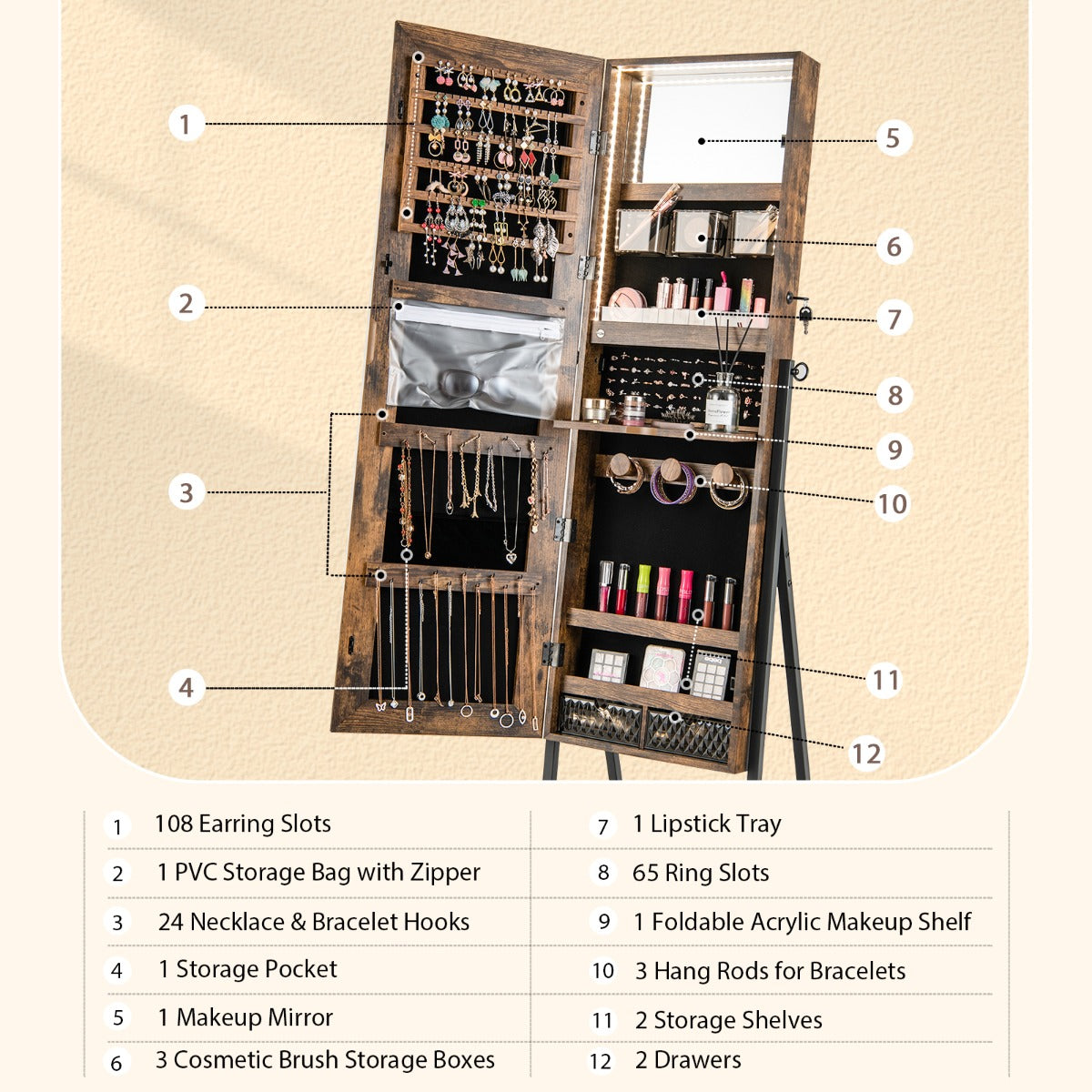 Lockable Floor Jewelry Cabinet with Full-Length Mirror &amp; LED Lights-Brown