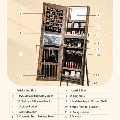 Lockable Floor Jewelry Cabinet with Full-Length Mirror &amp; LED Lights-Brown