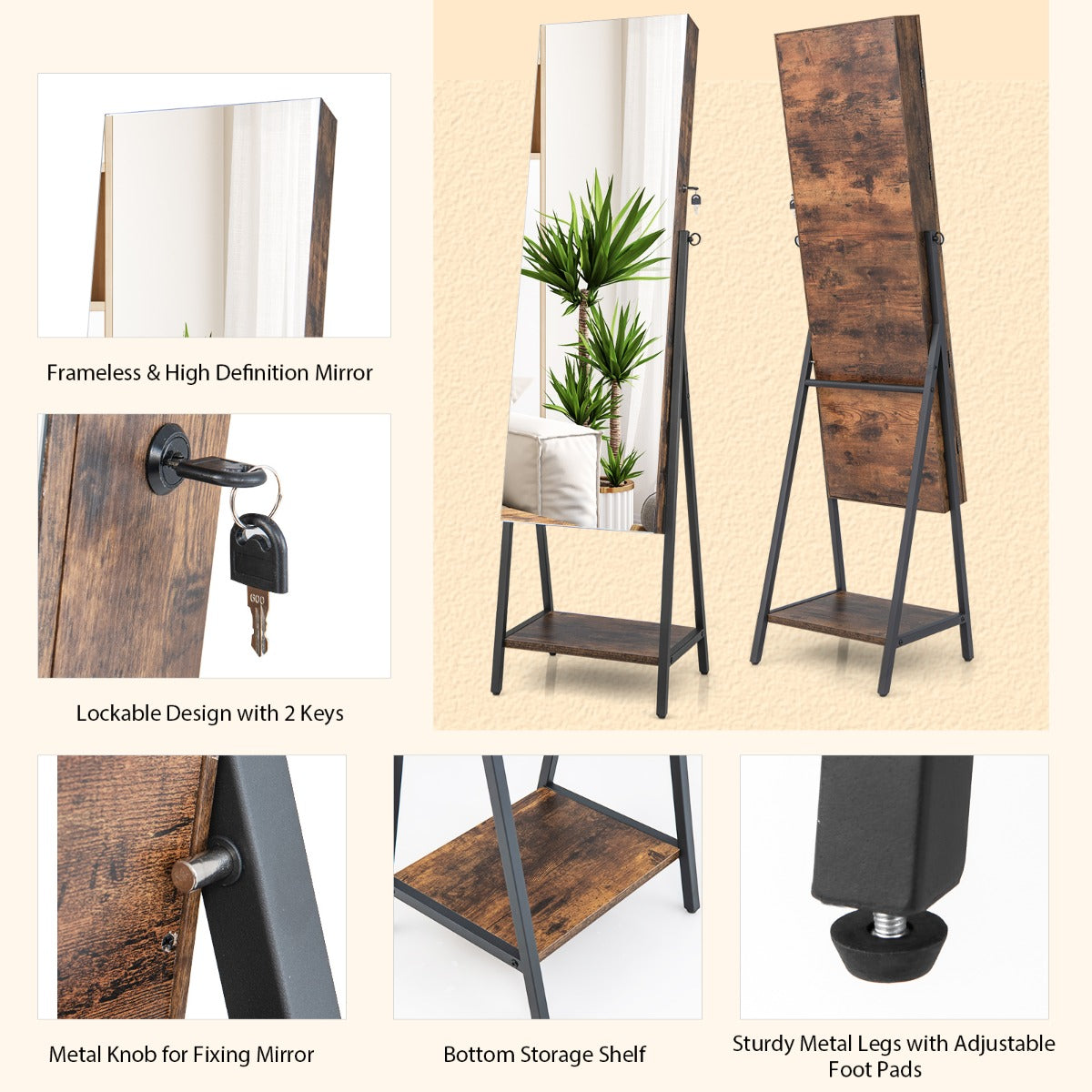 Lockable Floor Jewelry Cabinet with Full-Length Mirror &amp; LED Lights-Brown