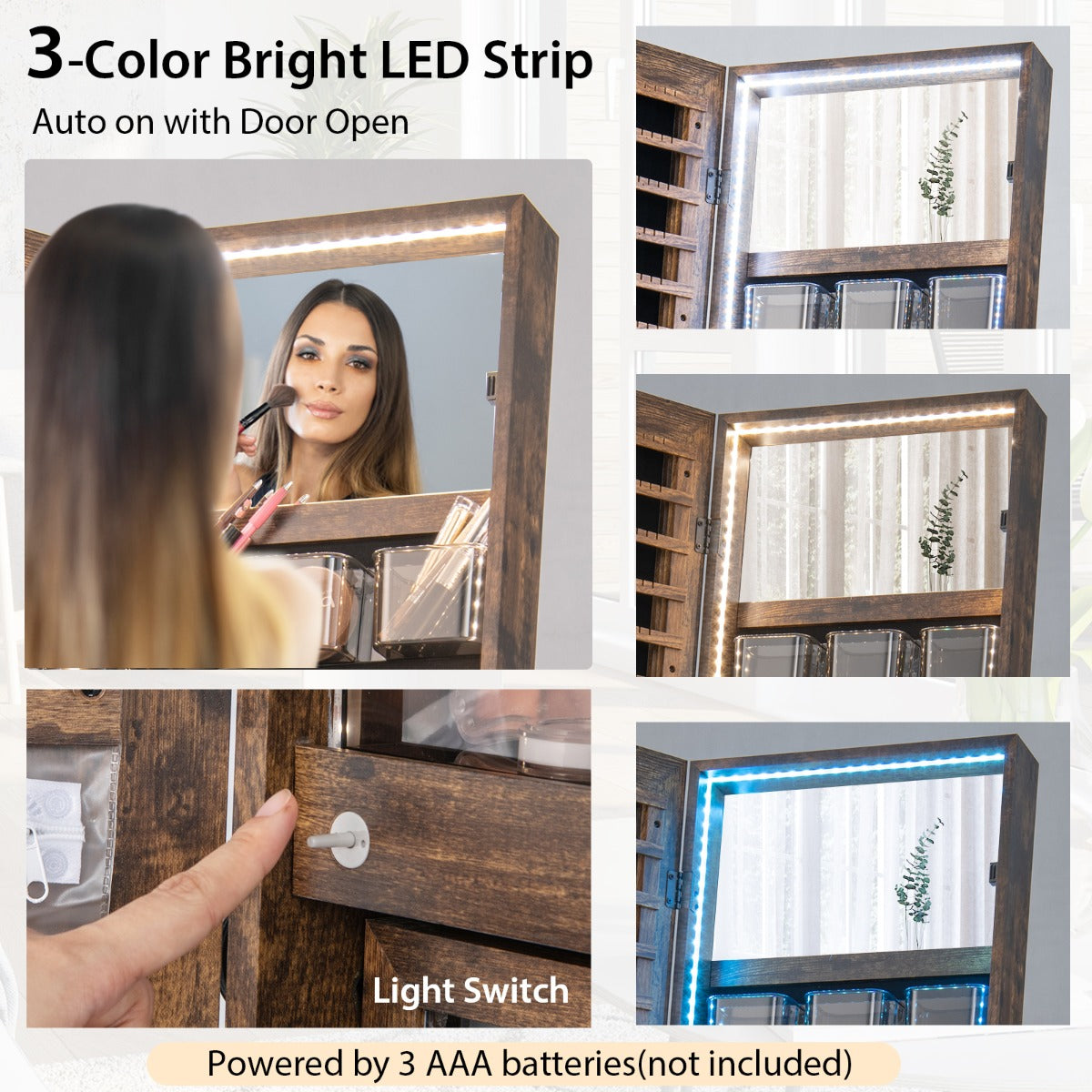 Lockable Floor Jewelry Cabinet with Full-Length Mirror &amp; LED Lights-Brown
