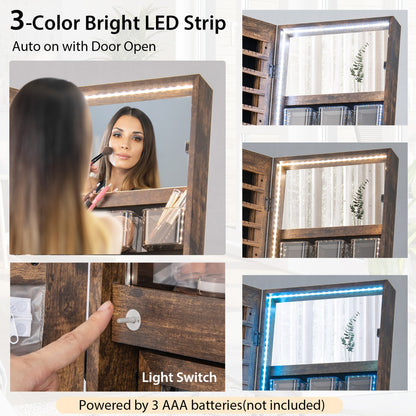 Lockable Floor Jewelry Cabinet with Full-Length Mirror &amp; LED Lights-Brown